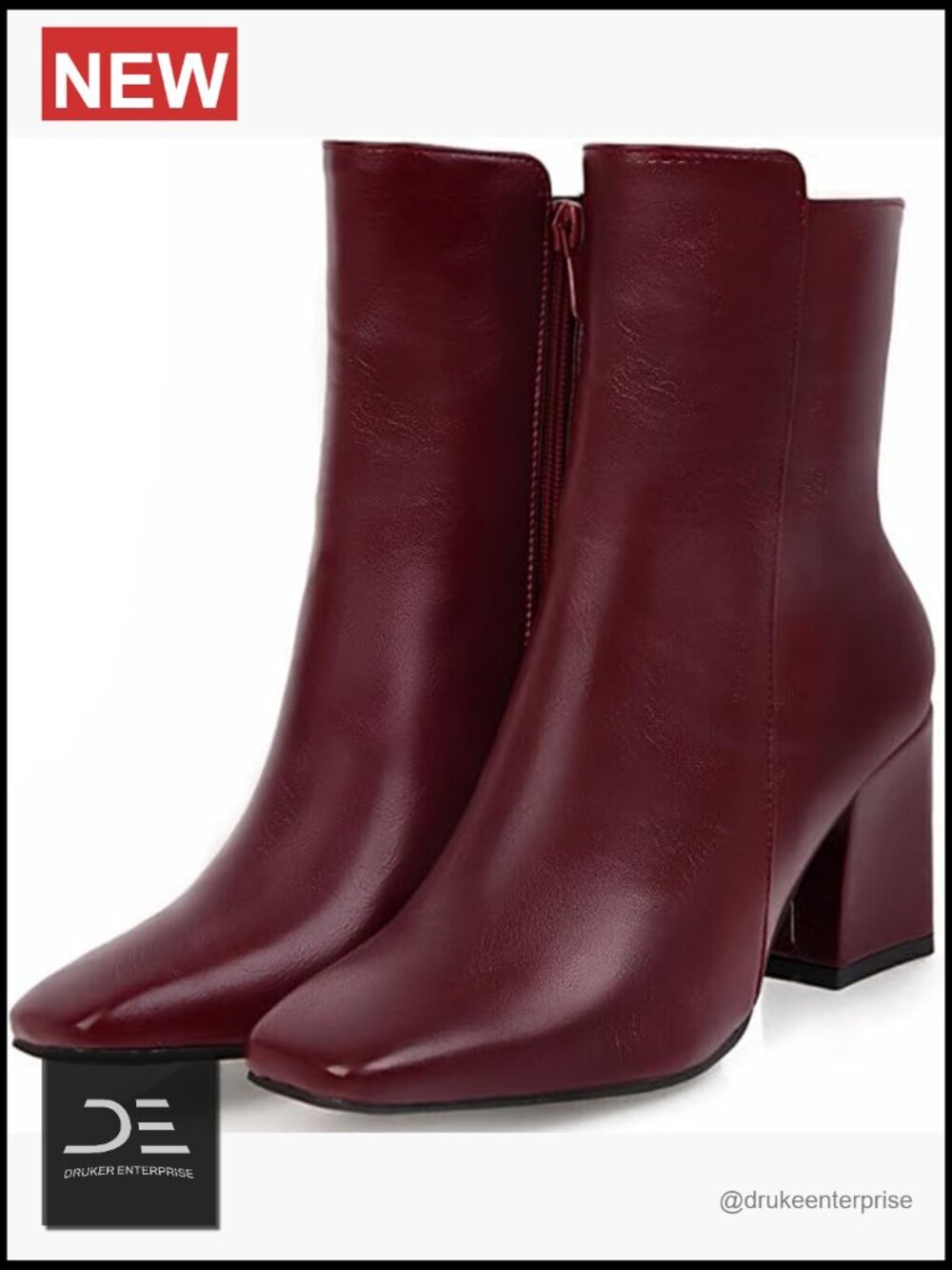 Chunky Block Heel Booties Zip Up Square Toe Ankle Boots